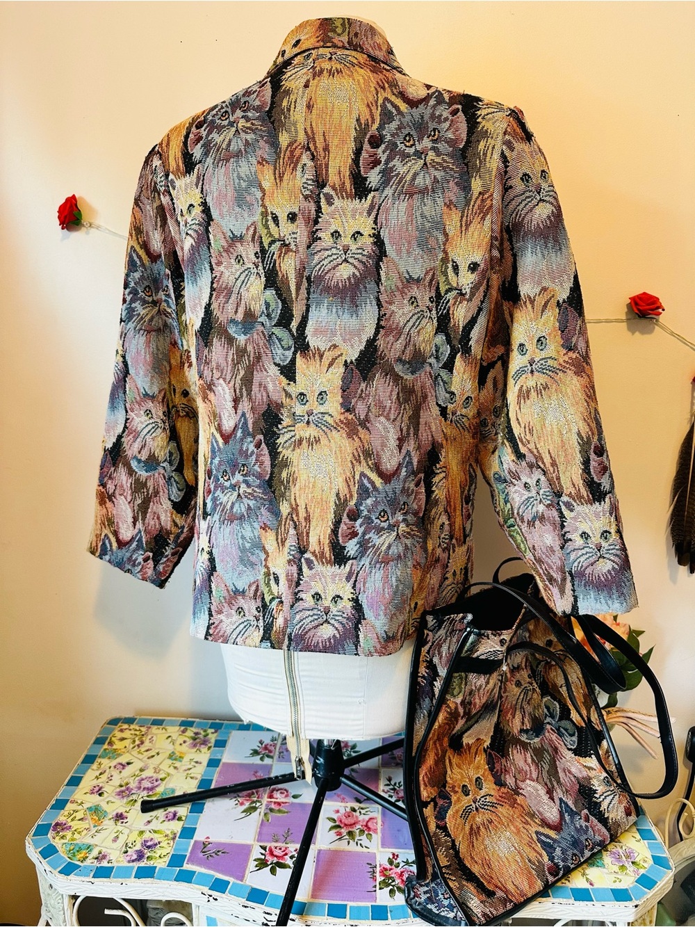 Vintage Multicolor Cat Tapestry Blazer & Matching Tote Bag Set - Picture 5 of 16